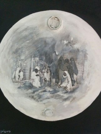 oil painting of a Bedouin scene on an oil drum lid
